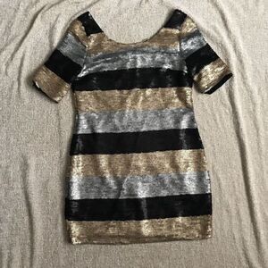 Francesca's Collections Black, Silver, and Gold Striped Dress